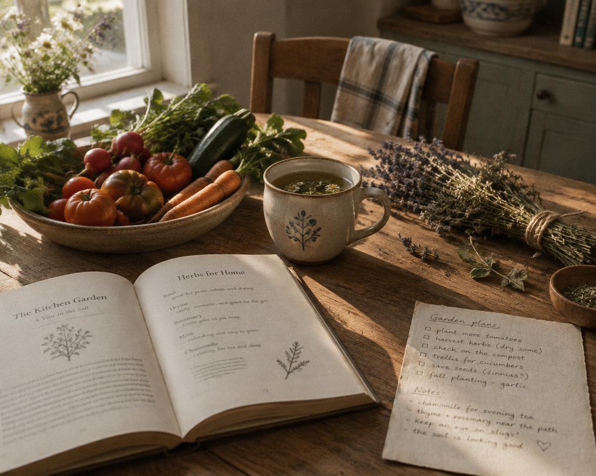 A kitchen table in morning light with an open book, herbal tea, garden vegetables and dried herbs